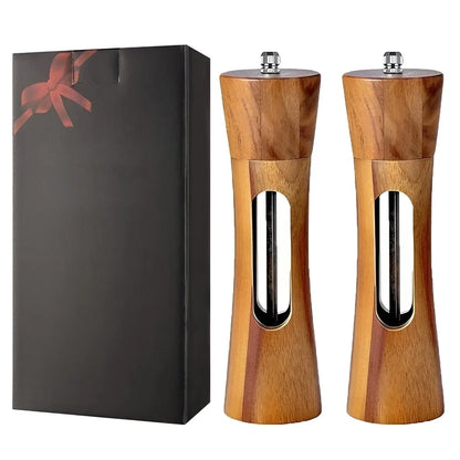 Spice Grinder Adjustable Grind Wood Body Clear Window
