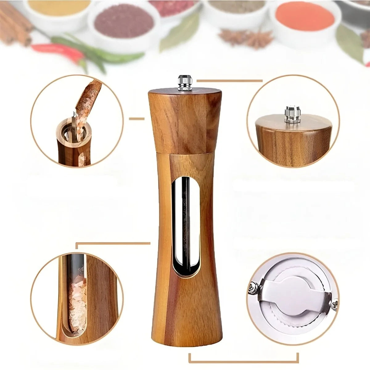 Spice Grinder Adjustable Grind Wood Body Clear Window