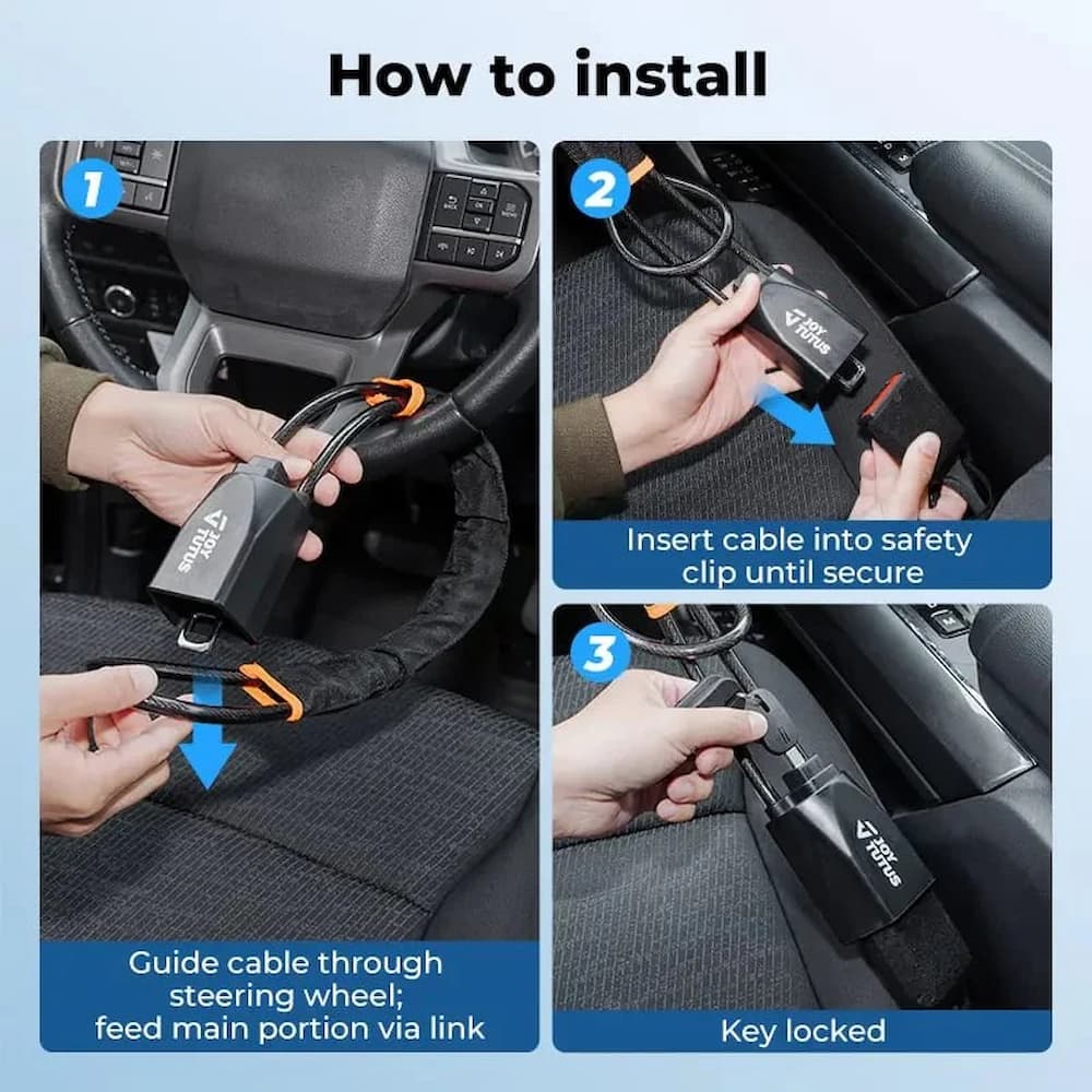 Steering Wheel Lock Cut-Resistant Cable Fits 69 Cm