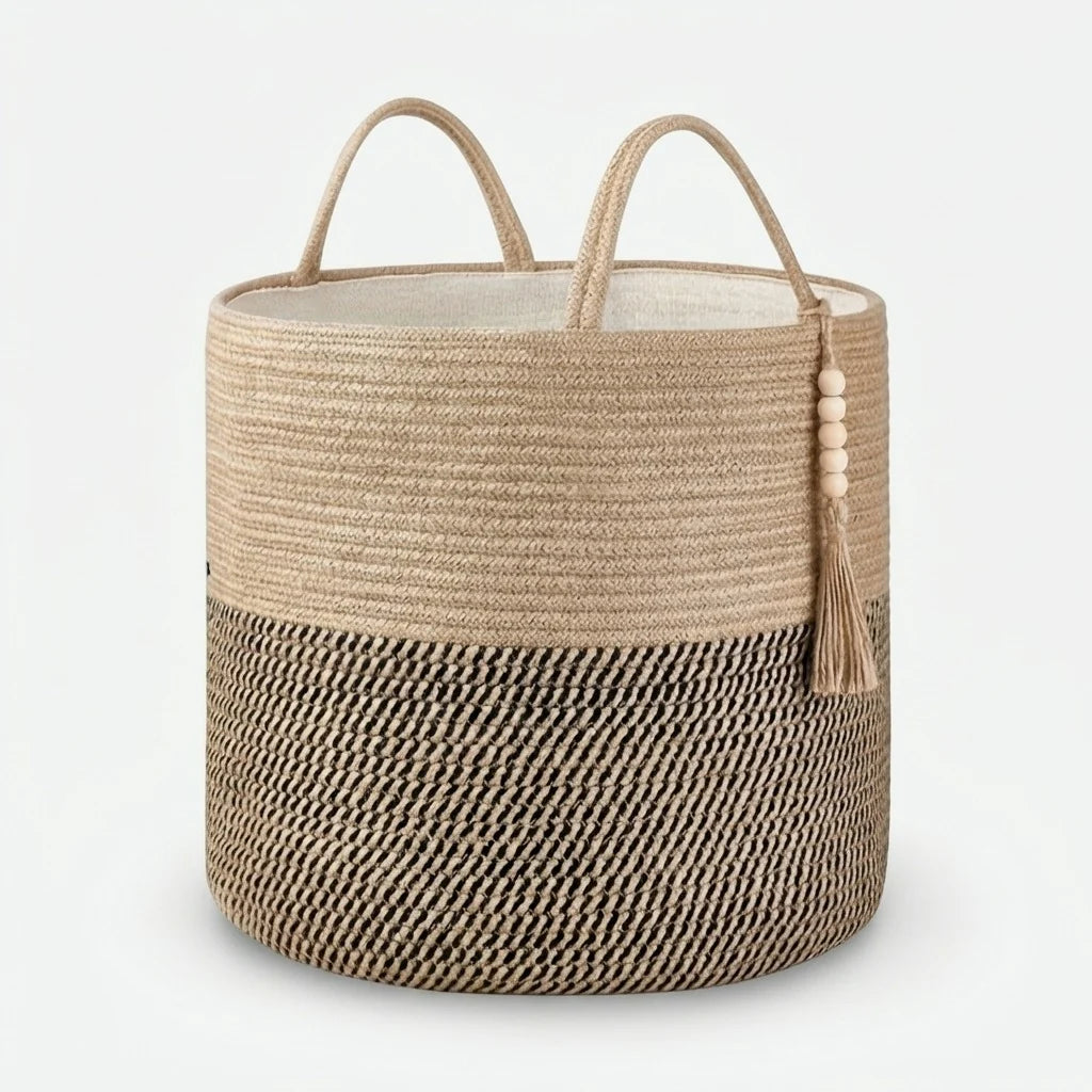 Storage Basket Handcrafted Macramé Cotton Rope & Reinforced Handles