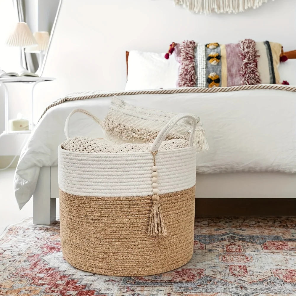 Storage Basket Handcrafted Macramé Cotton Rope & Reinforced Handles