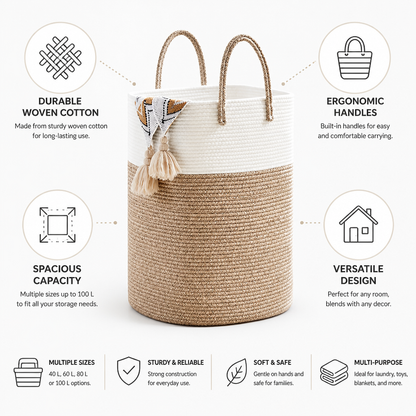 Storage Bin Woven Cotton Up To 100L With Handles