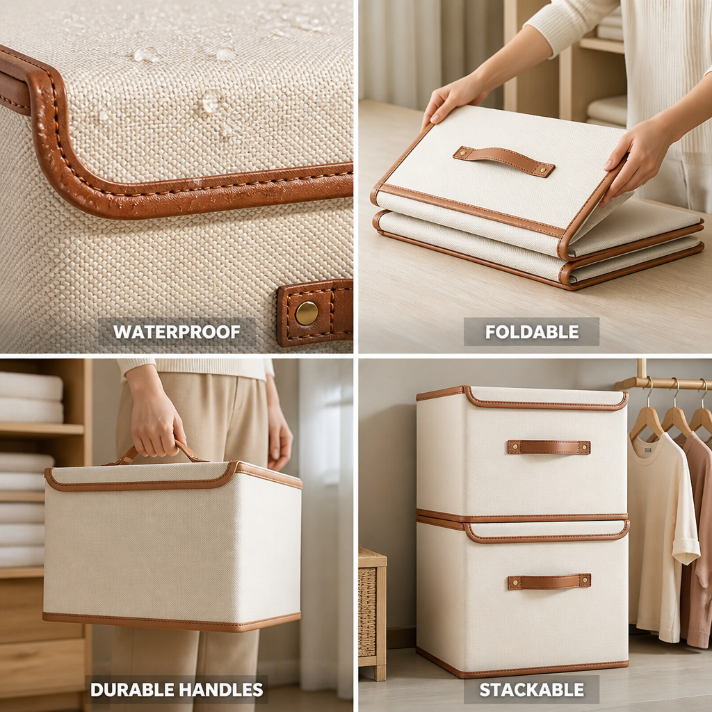 Storage Box Foldable Waterproof Reinforced Leather Handles