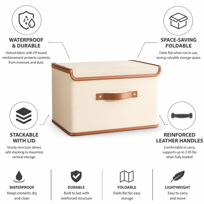 Storage Box Foldable Waterproof Reinforced Leather Handles