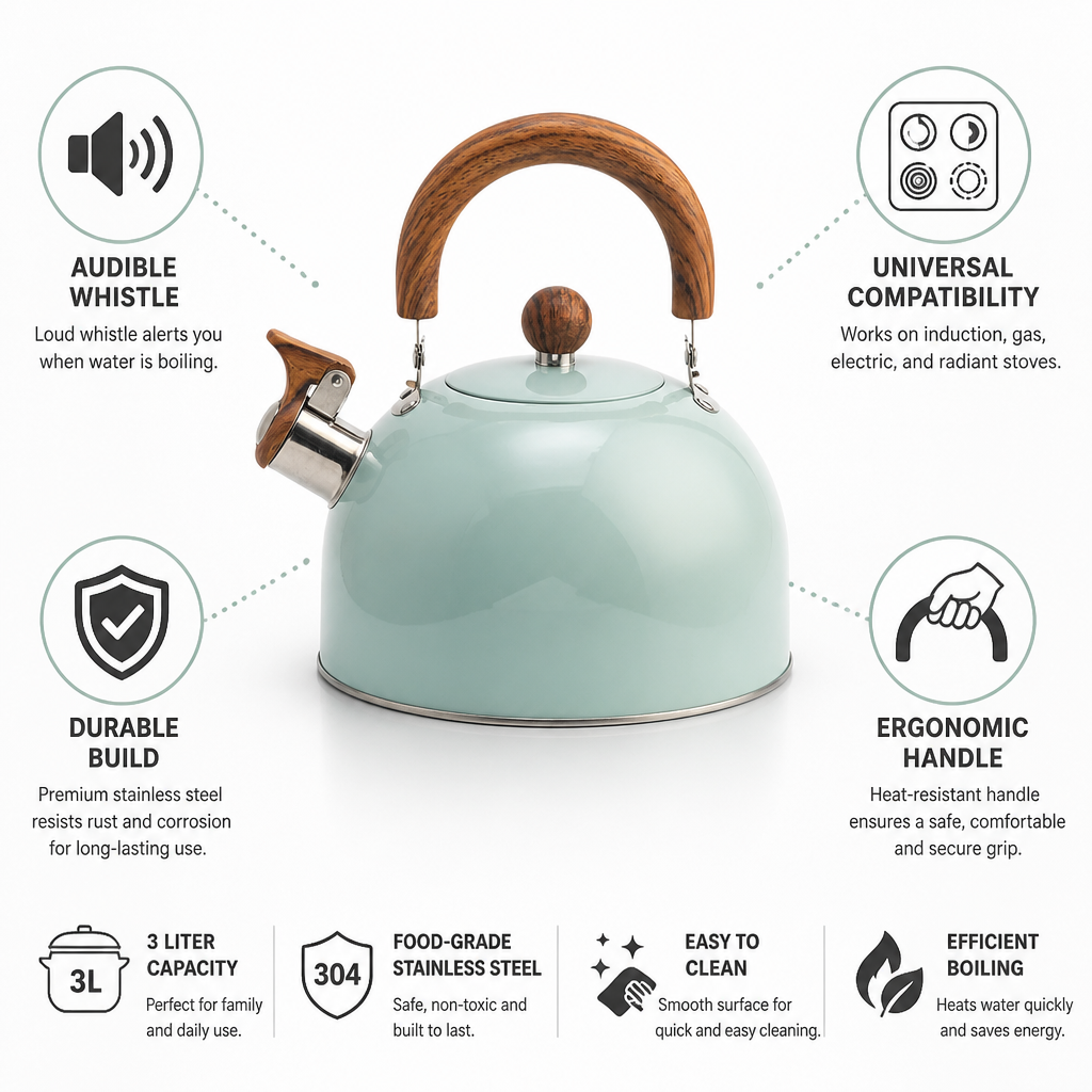 Stovetop Kettle Whistling Stainless Steel 3L Induction Compatible