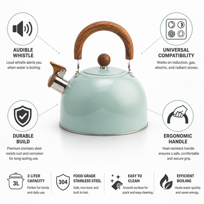 Stovetop Kettle Whistling Stainless Steel 3L Induction Compatible
