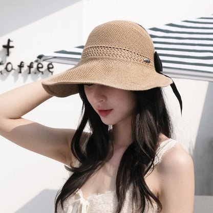 Straw Sun Hat UV-Protective Wide Brim Ponytail Opening