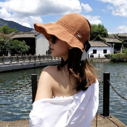 Straw Sun Hat UV-Protective Wide Brim Ponytail Opening