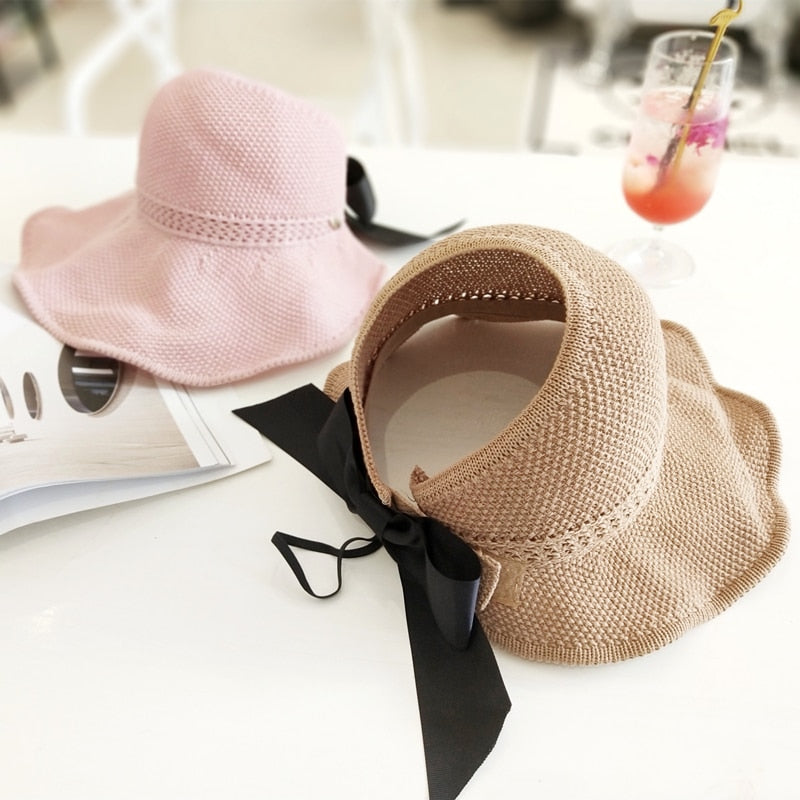 Straw Sun Hat UV-Protective Wide Brim Ponytail Opening