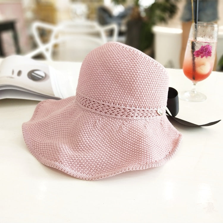 Straw Sun Hat UV-Protective Wide Brim Ponytail Opening