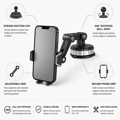 Suction Cup Adjustable Arm Car Phone Mount (360° Rotating Ball Joint)