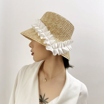 Sun Hat Braided Straw Wide Brim White Ruffled Band