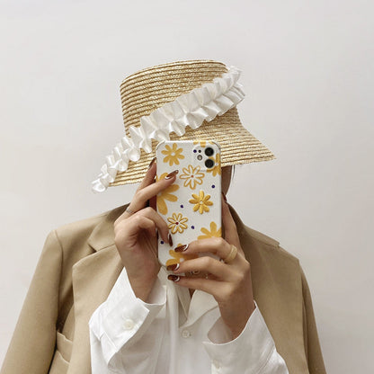 Sun Hat Braided Straw Wide Brim White Ruffled Band