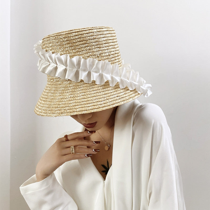 Sun Hat Braided Straw Wide Brim White Ruffled Band