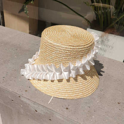 Sun Hat Braided Straw Wide Brim White Ruffled Band