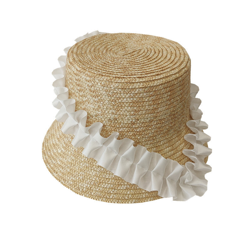 Sun Hat Braided Straw Wide Brim White Ruffled Band