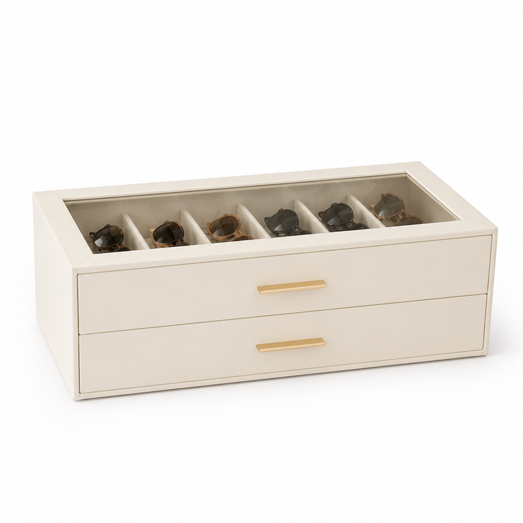 Sunglasses Organizer Velvet-Lined & Glass Lid 12-Pair Capacity