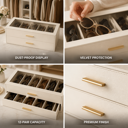 Sunglasses Organizer Velvet-Lined & Glass Lid 12-Pair Capacity
