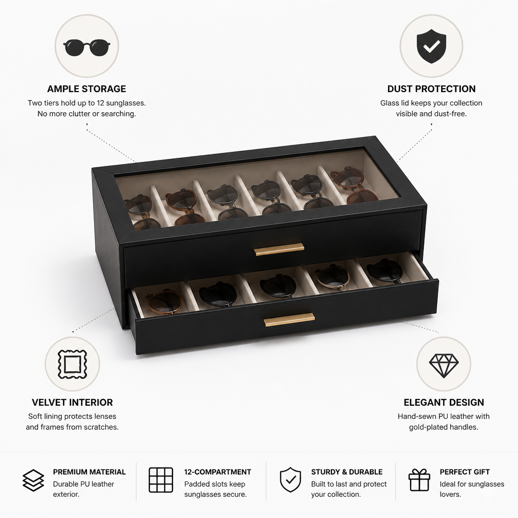 Sunglasses Organizer Velvet-Lined & Glass Lid 12-Pair Capacity