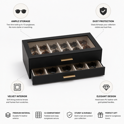Sunglasses Organizer Velvet-Lined & Glass Lid 12-Pair Capacity