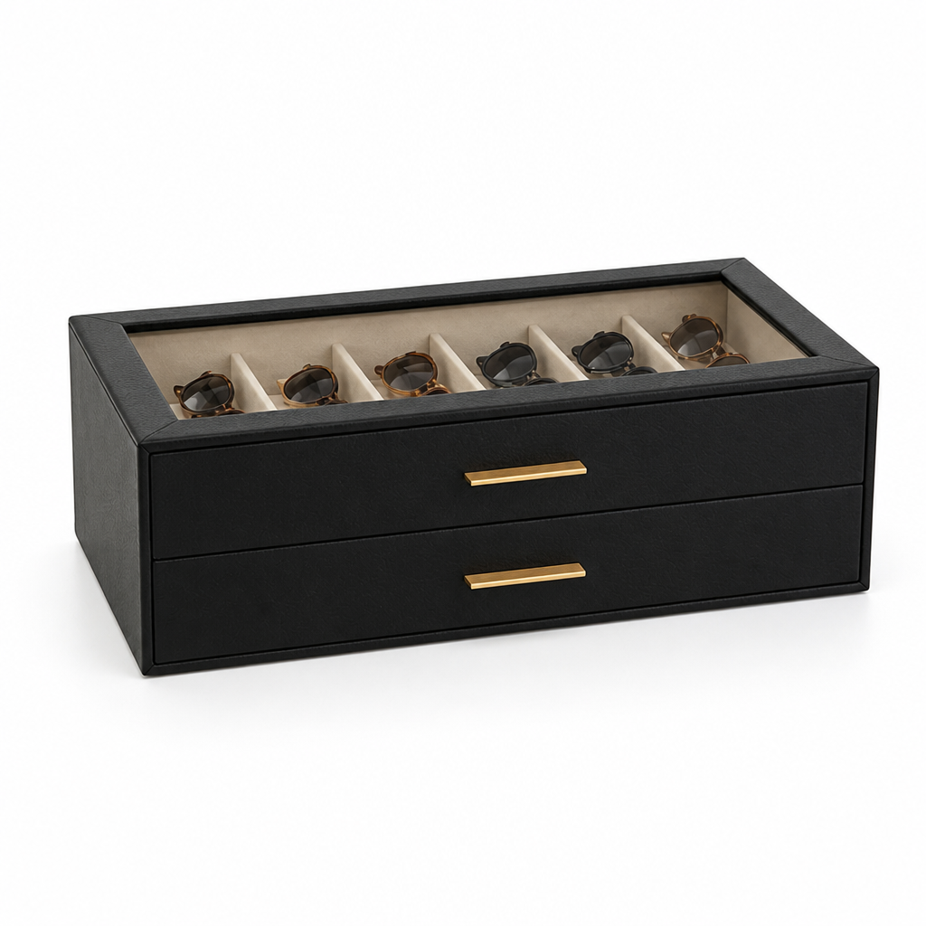 Sunglasses Organizer Velvet-Lined & Glass Lid 12-Pair Capacity