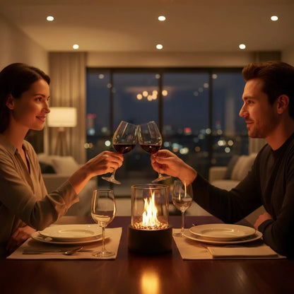 Table Fire Lantern Bioethanol-Powered Borosilicate Glass Weatherproof Steel Base