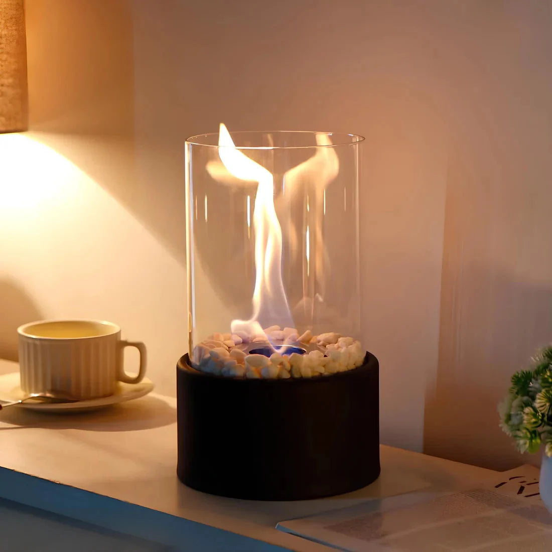Table Fire Lantern Bioethanol-Powered Borosilicate Glass Weatherproof Steel Base