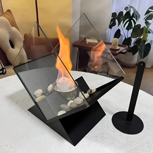 Table Fireplace Bio-Ethanol Clean-Burning Mirrored Panels & Decorative Stones