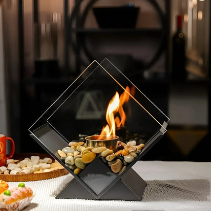 Table Fireplace Bio-Ethanol Clean-Burning Mirrored Panels & Decorative Stones
