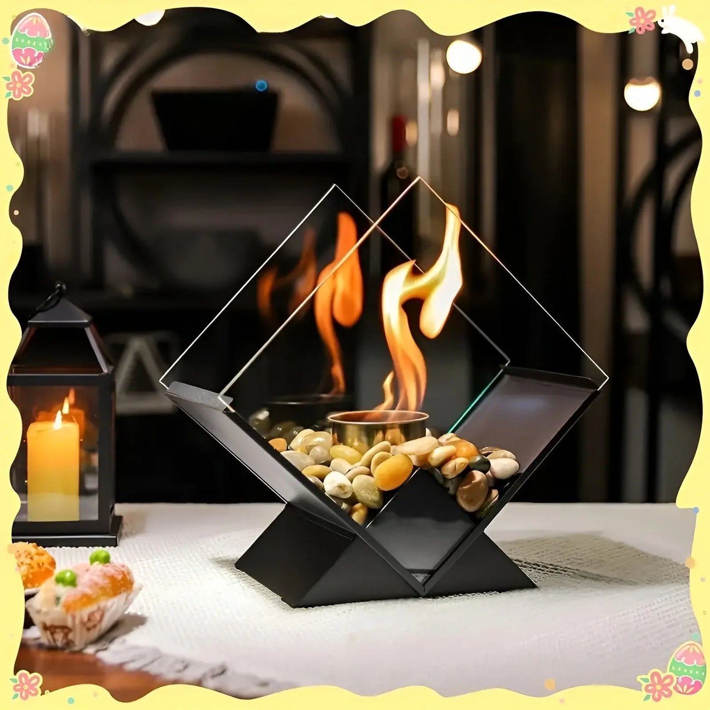 Table Fireplace Bio-Ethanol Clean-Burning Mirrored Panels & Decorative Stones