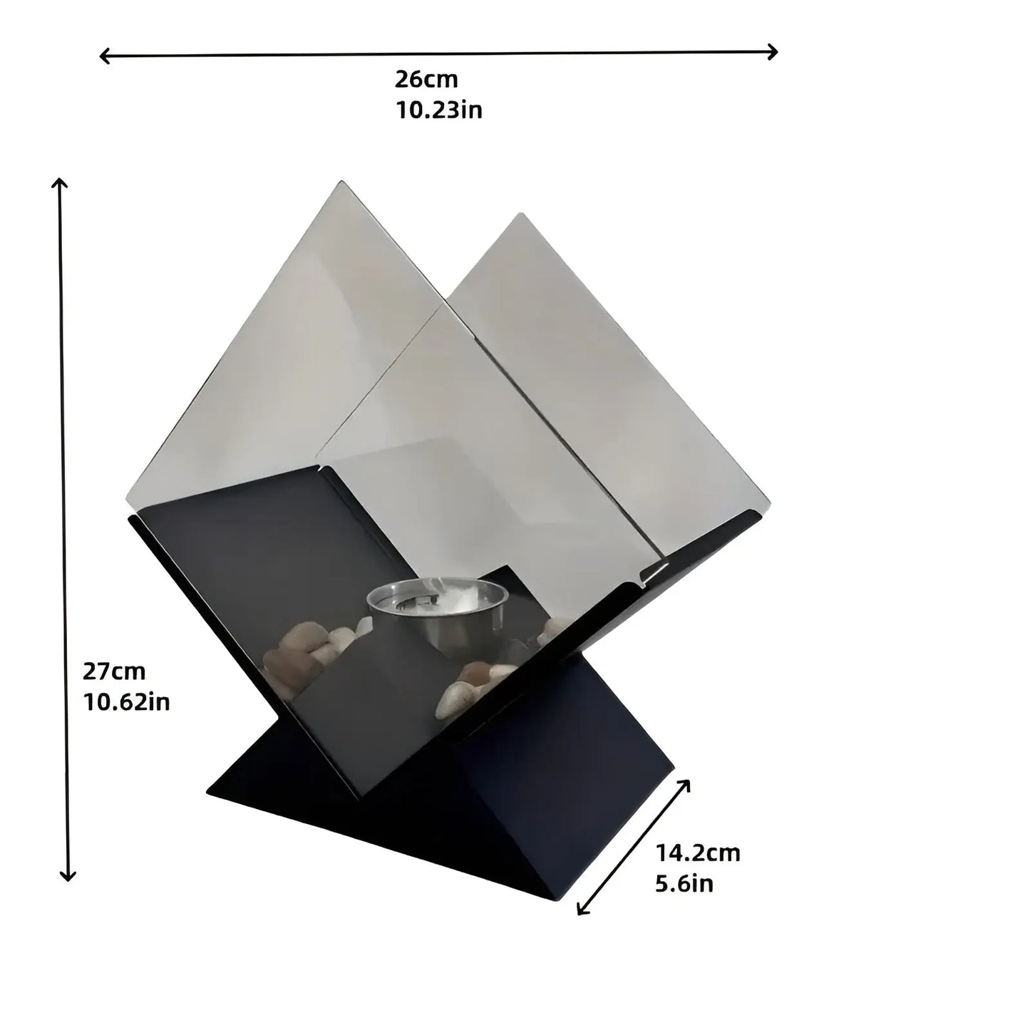 Table Fireplace Bio-Ethanol Clean-Burning Mirrored Panels & Decorative Stones
