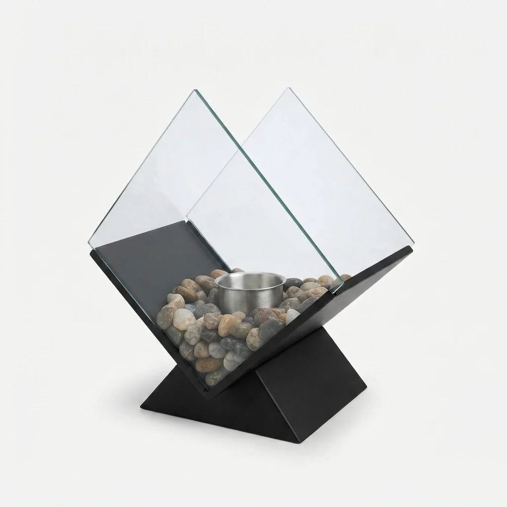 Table Fireplace Bio-Ethanol Clean-Burning Mirrored Panels & Decorative Stones