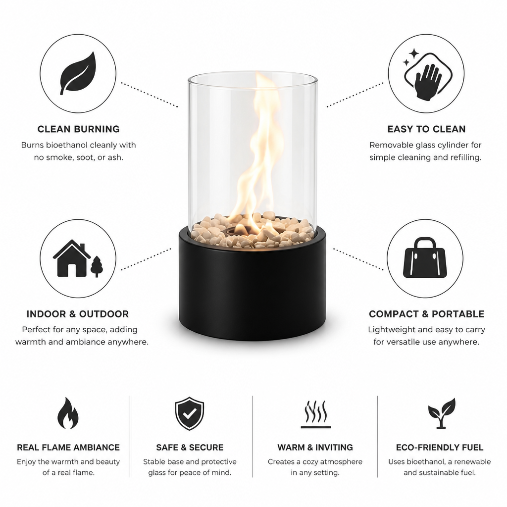 Table Fireplace Glass Cylinder Bioethanol Ready
