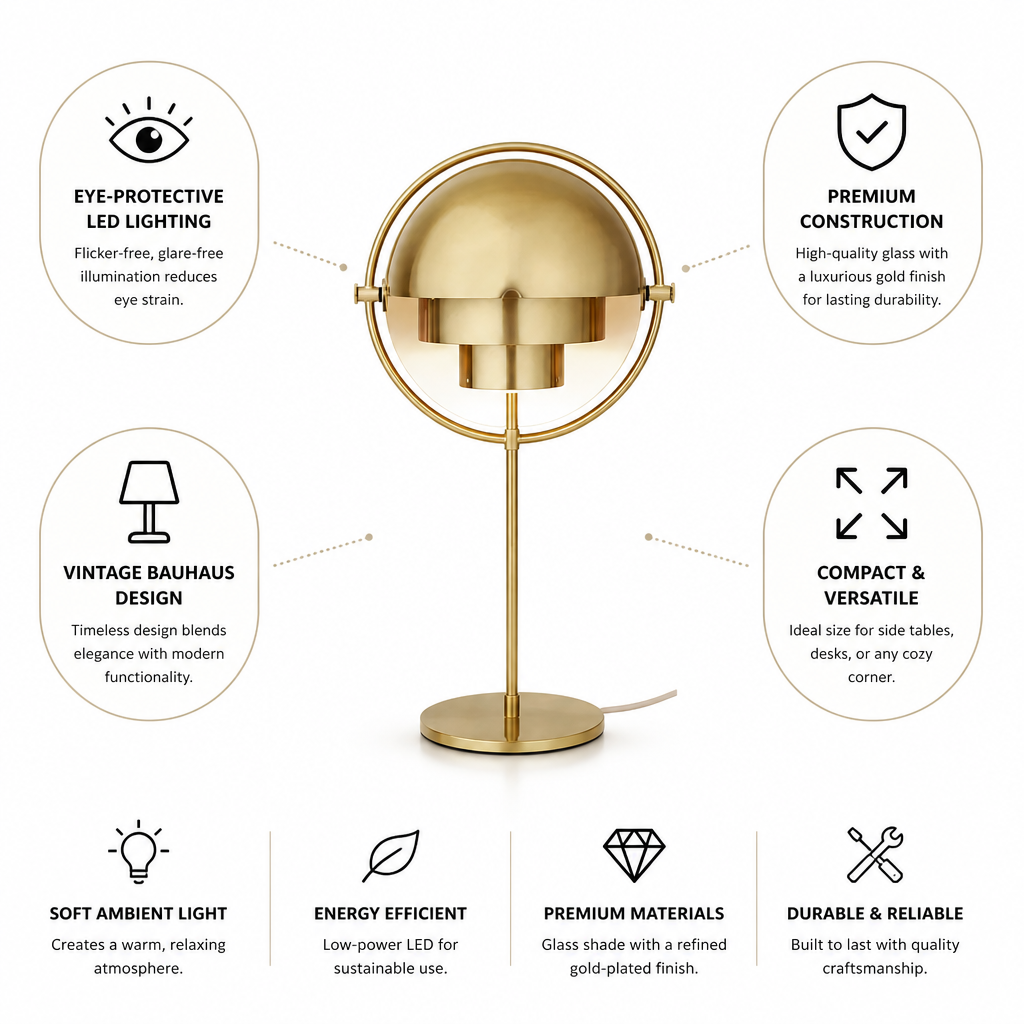 Table Lamp Bauhaus Glass & Gold Finish Flicker-Free LED