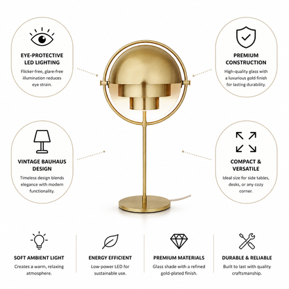 Table Lamp Bauhaus Glass & Gold Finish Flicker-Free LED
