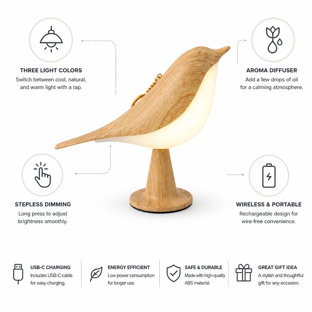 Table Lamp Bird-Shaped Aroma Diffuser Stepless Dimming USB-C Rechargeable