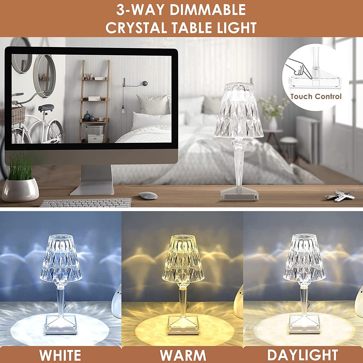 Table Lamp Diamond Crystal Rechargeable USB & Touch Control