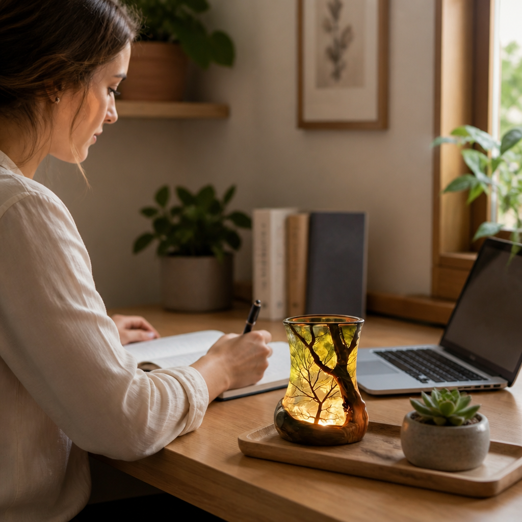 Table Lamp Forest Silhouette Warm LED Battery Powered
