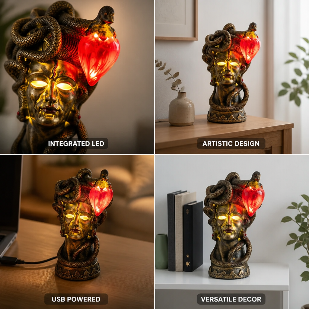 Table Lamp Integrated LED Medusa Sculpture Bronze Patina