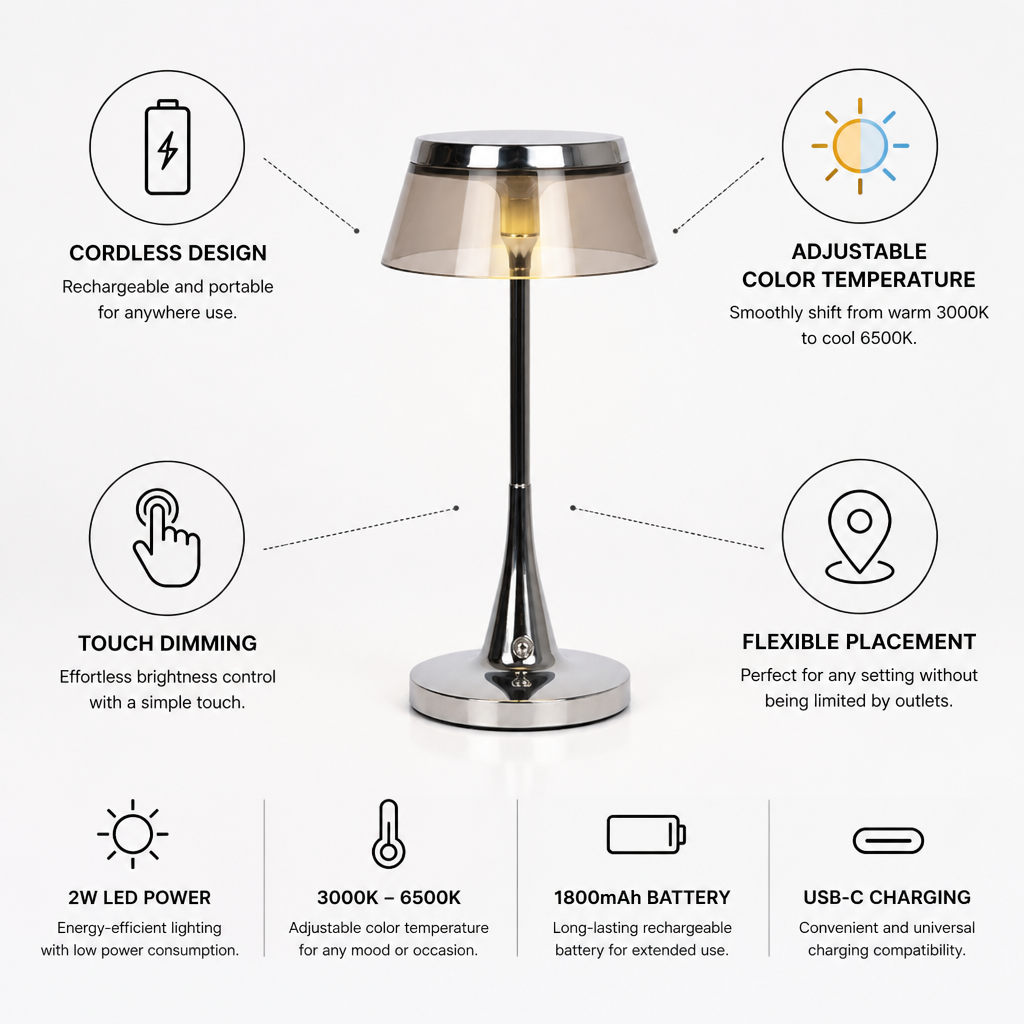 Table Lamp Rechargeable Cordless Warm-To-Cool Touch Dimmer
