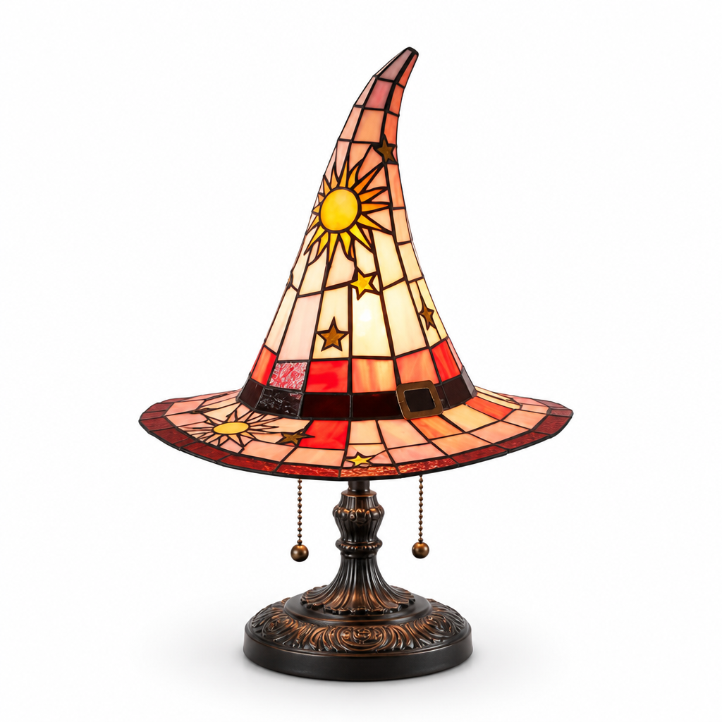 Table Lamp Witch Hat Handcrafted Stained Glass USB-Powered