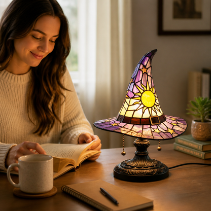 Table Lamp Witch Hat Handcrafted Stained Glass USB-Powered
