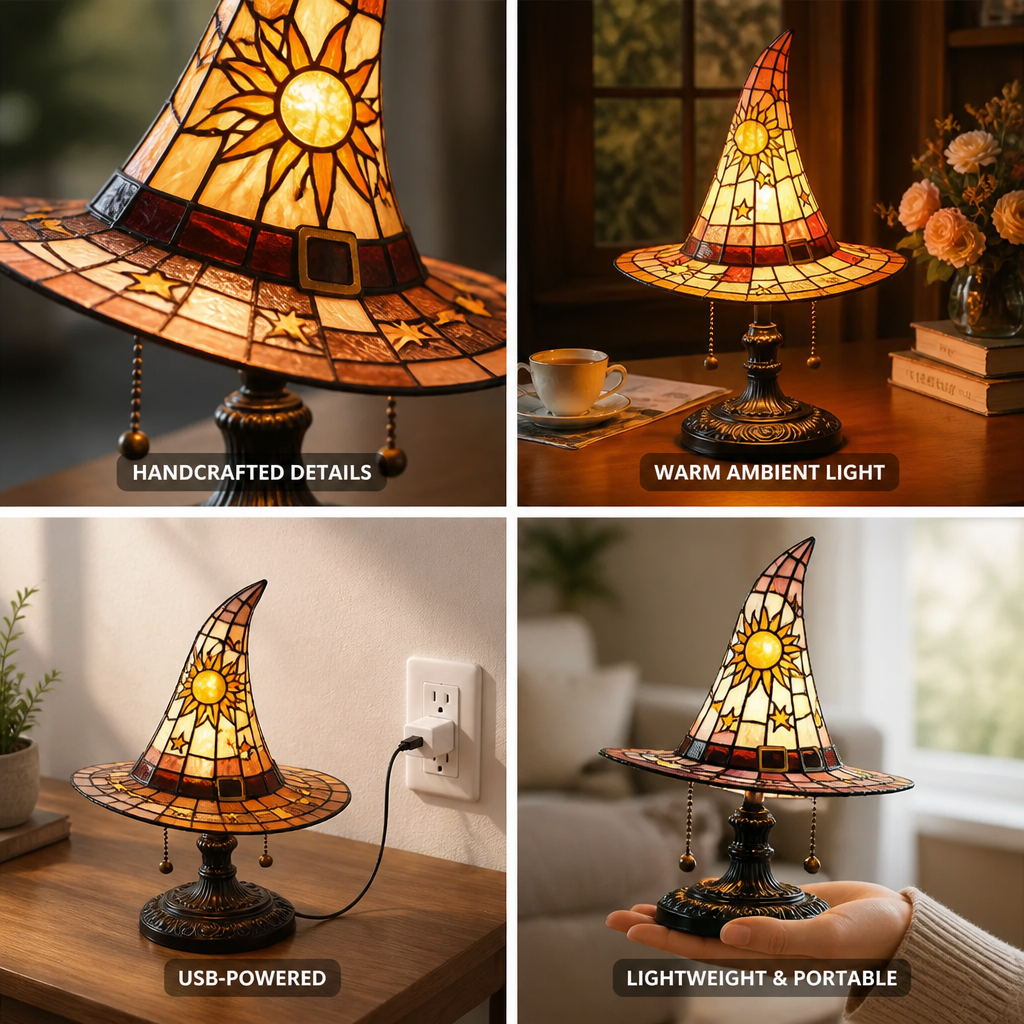 Table Lamp Witch Hat Handcrafted Stained Glass USB-Powered