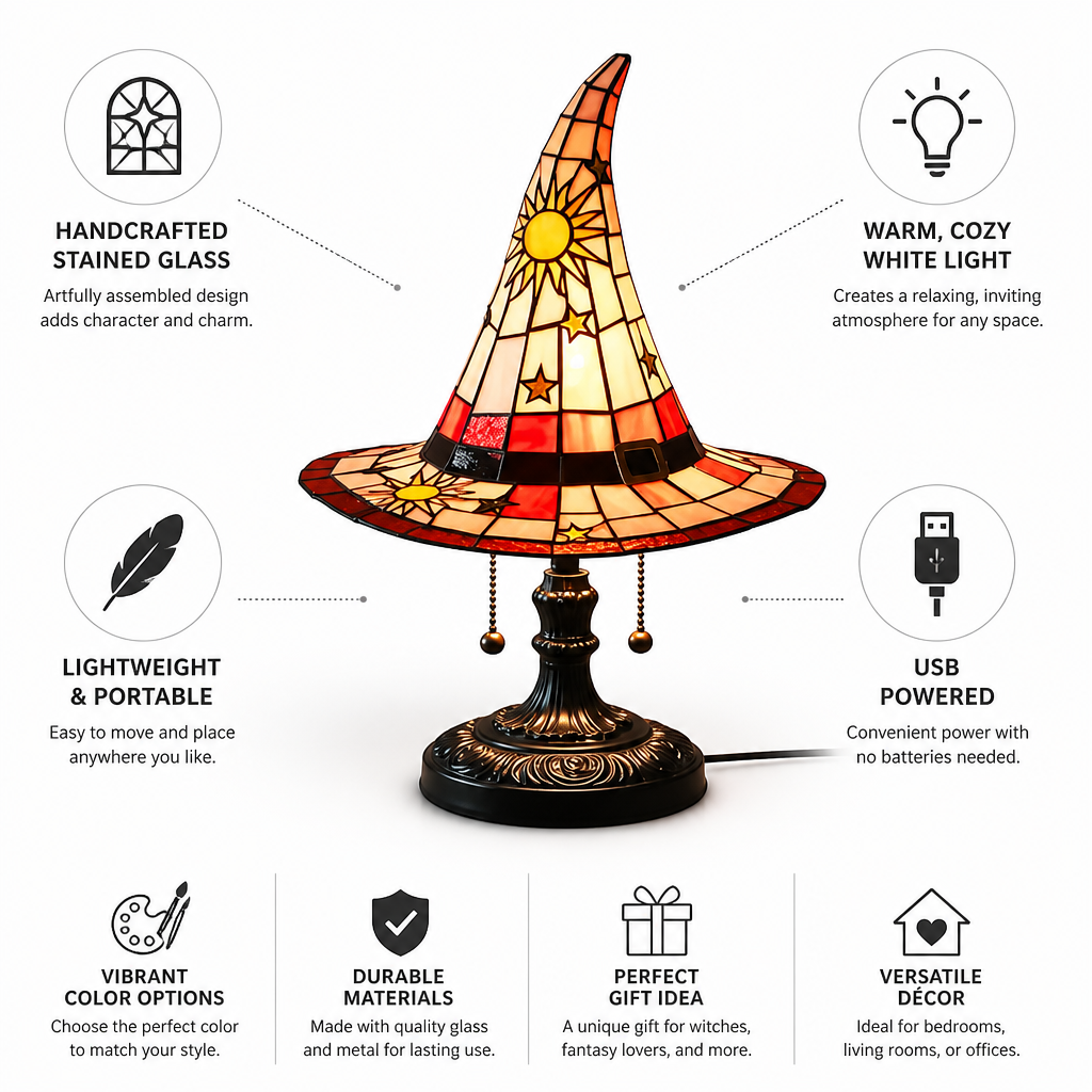 Table Lamp Witch Hat Handcrafted Stained Glass USB-Powered