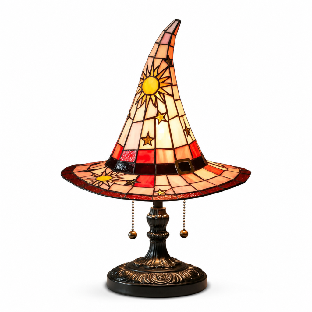 Table Lamp Witch Hat Handcrafted Stained Glass USB-Powered