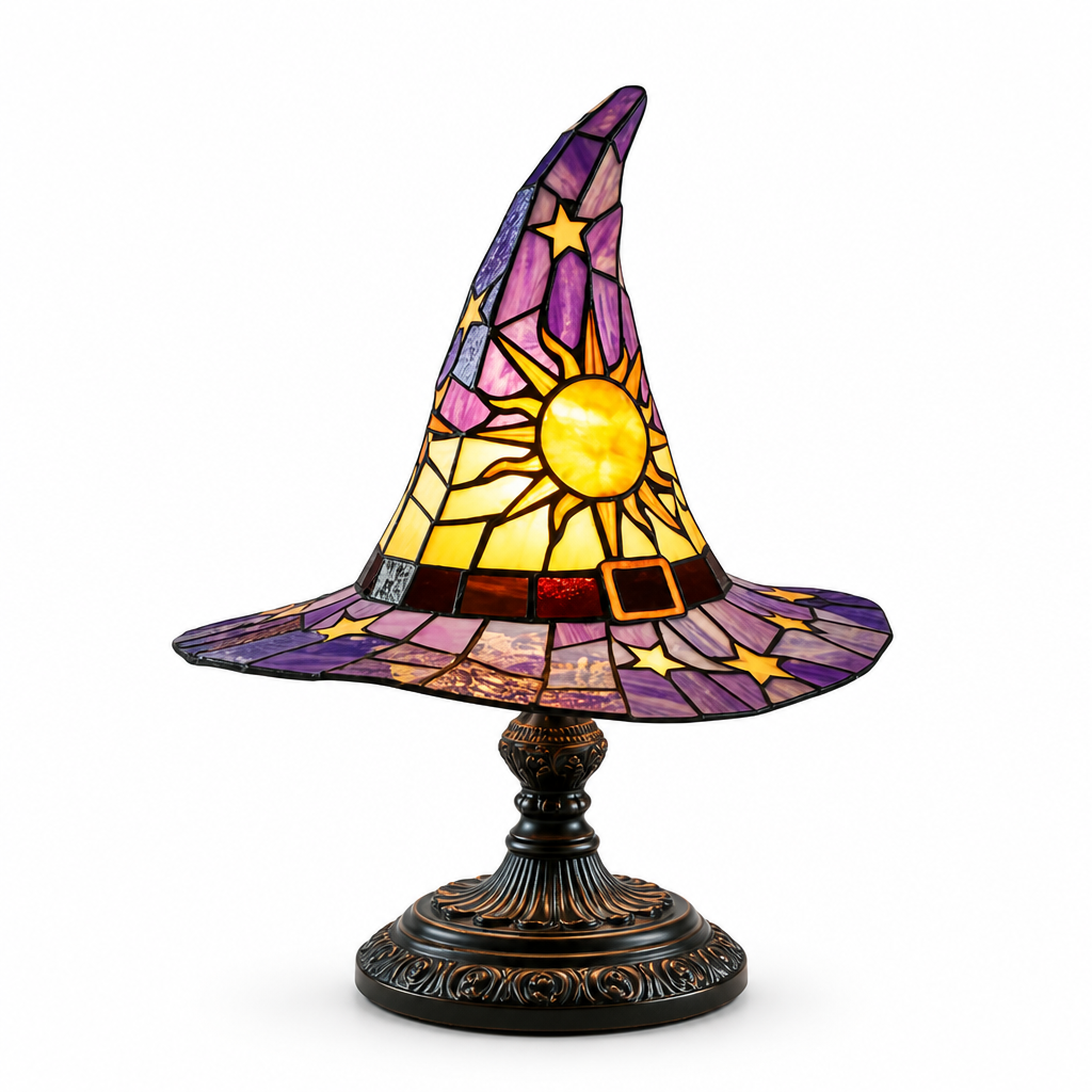 Table Lamp Witch Hat Handcrafted Stained Glass USB-Powered