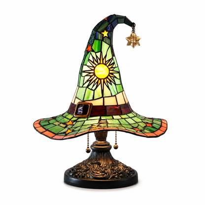 Table Lamp Witch Hat Handcrafted Stained Glass USB-Powered