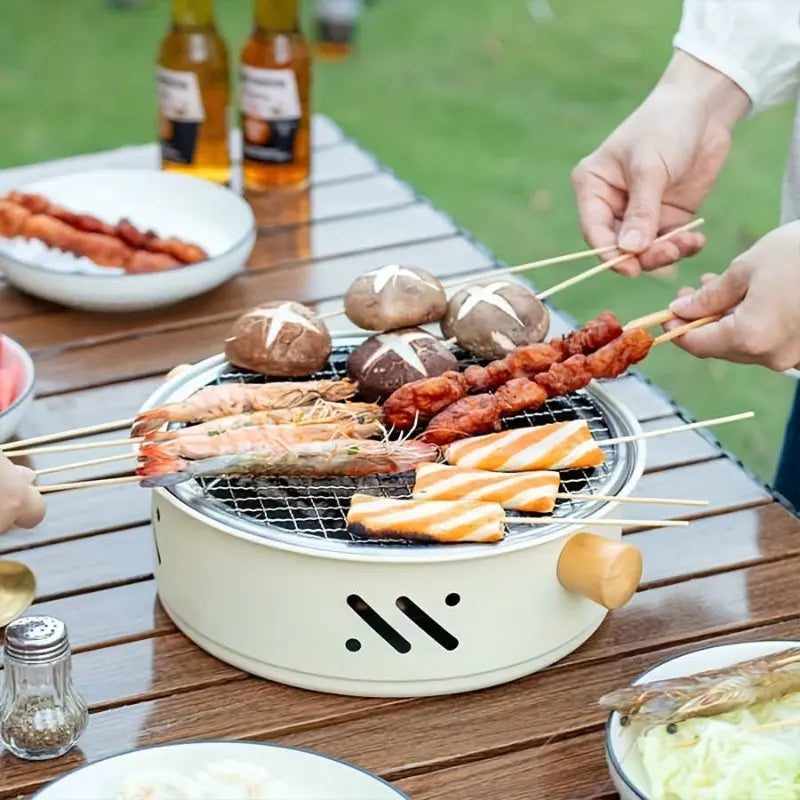 Tabletop Charcoal Grill Compact Stainless Steel Grate Wooden Handles