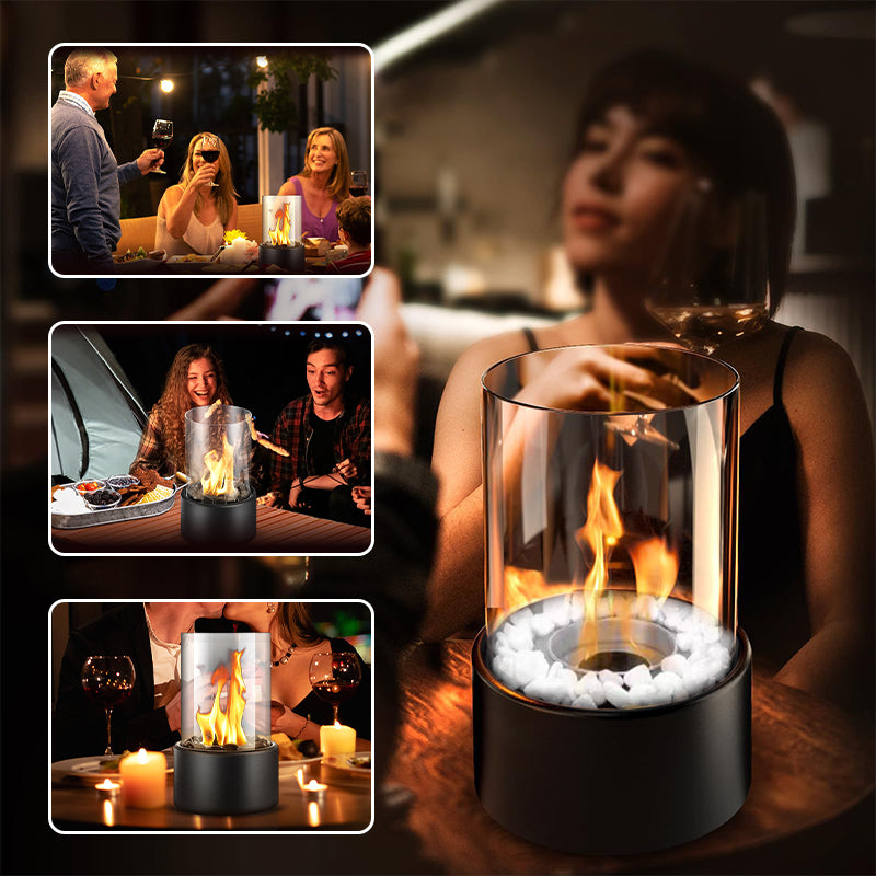 Tabletop Ethanol Fireplace Glass Cylinder Portable Indoor & Outdoor