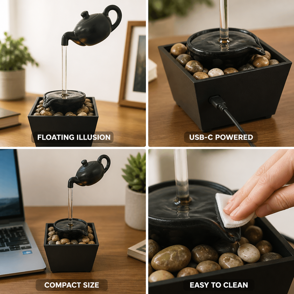 Tabletop Fountain Floating Teapot Illusion USB-C Powered